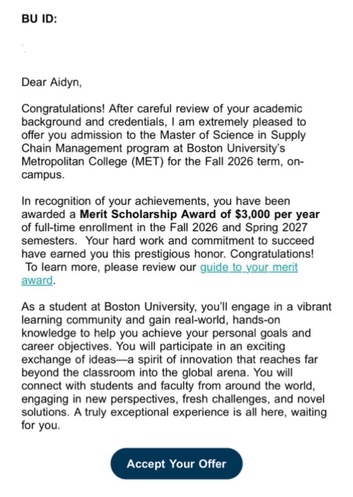 Boston University offer