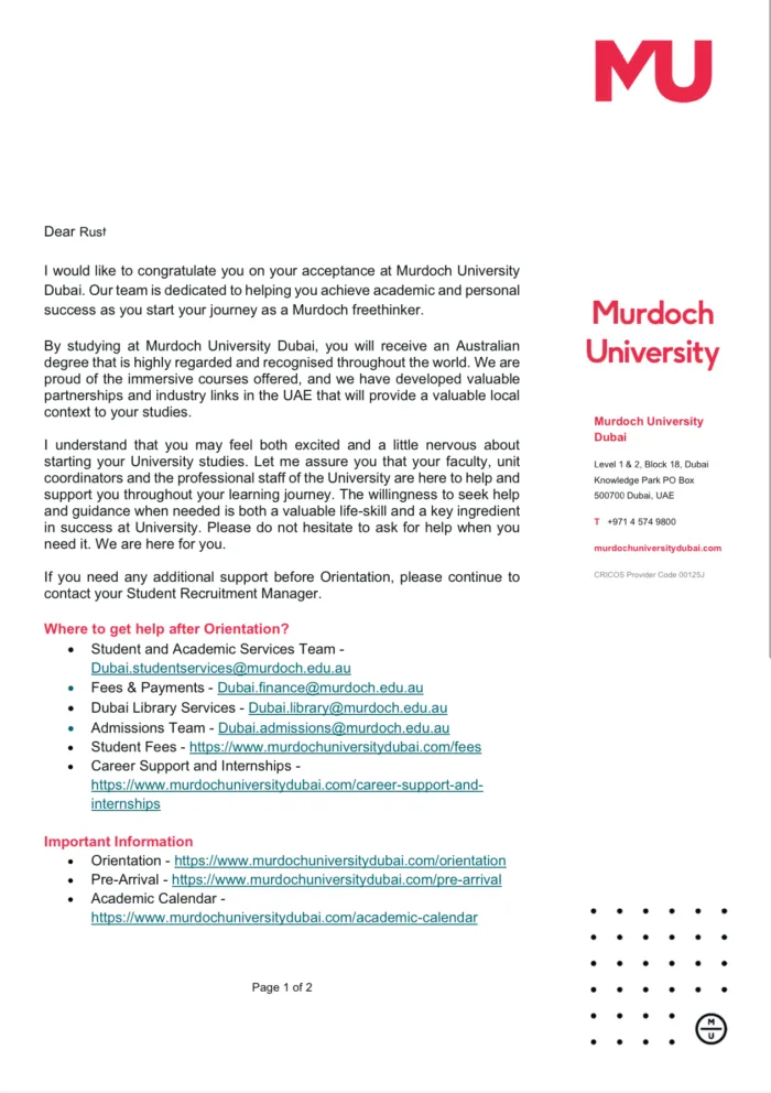 Murdoch University offer