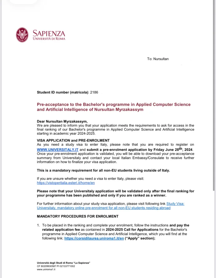Sapienza University offer