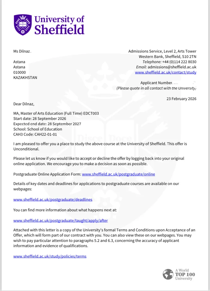 Sheffield University offer